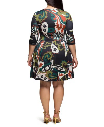 24seven Comfort Apparel Plus Size Three Quarter Sleeve Fit And Flare Dress In Multi