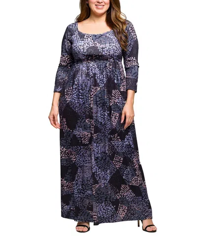 24seven Comfort Apparel Plus Size Long Sleeve Empire Waist Maxi Dress In Multi