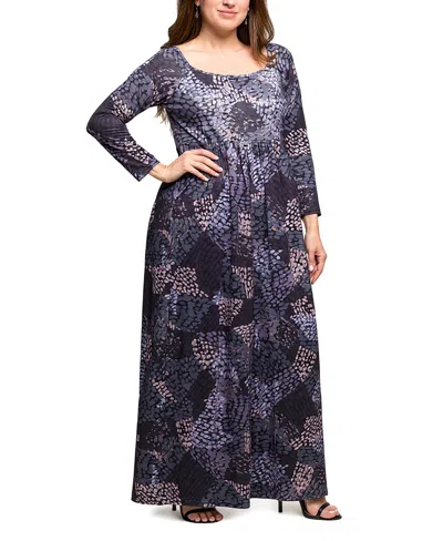 24seven Comfort Apparel Plus Size Long Sleeve Empire Waist Maxi Dress In Multi