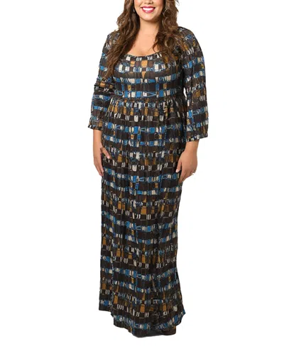 24seven Comfort Apparel Plus Size Brown Geometric Print 3/4 Sleeve Dress In Multi