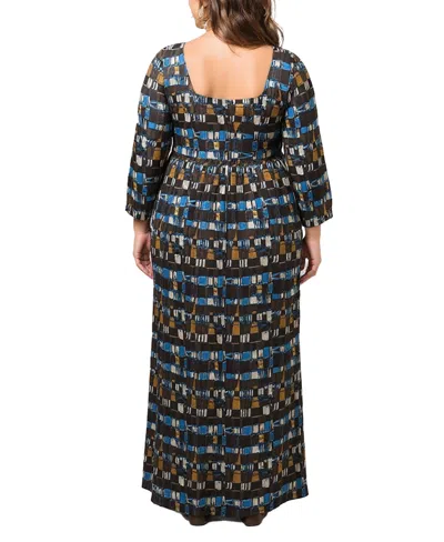 24seven Comfort Apparel Plus Size Brown Geometric Print 3/4 Sleeve Dress In Multi