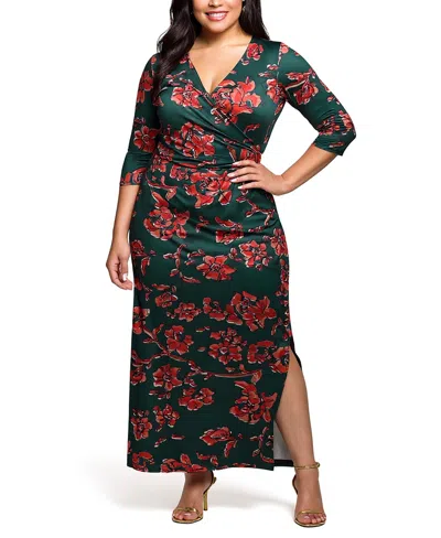 24seven Comfort Apparel Floral Print Three Quarter Sleeve Side Slit Maxi Dress In Multi
