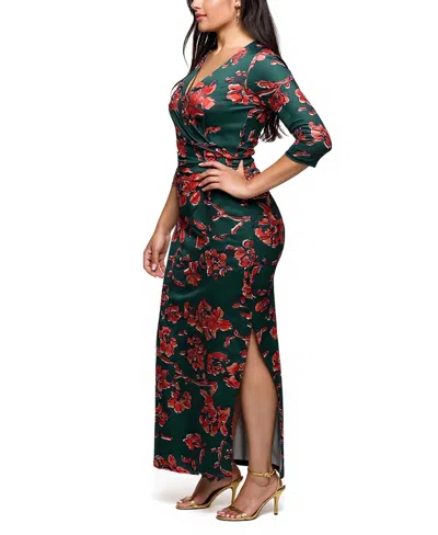 24seven Comfort Apparel Floral Print Three Quarter Sleeve Side Slit Maxi Dress In Multi