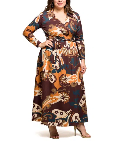 24seven Comfort Apparel Plus Size Paisley Empire Waist Maxi Dress In Brown