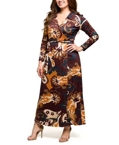 24seven Comfort Apparel Plus Size Paisley Empire Waist Maxi Dress In Brown