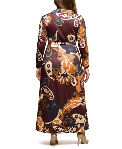 24seven Comfort Apparel Plus Size Paisley Empire Waist Maxi Dress In Brown
