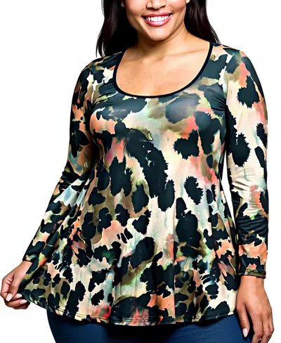 24seven Comfort Apparel Plus Size Multiprint Long Sleeve Scoop Neck A Line Top In Multi