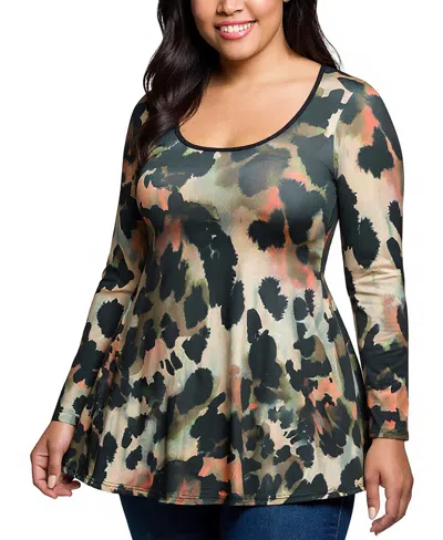 24seven Comfort Apparel Plus Size Multiprint Long Sleeve Scoop Neck A Line Top In Multi