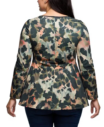 24seven Comfort Apparel Plus Size Multiprint Long Sleeve Scoop Neck A Line Top In Multi