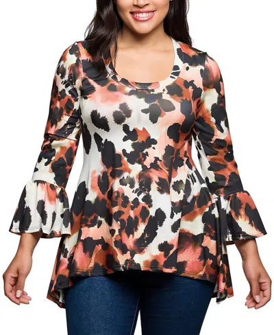 24seven Comfort Apparel Plus Size Scoop Neck Bell Sleeve Tunic Top In Multi