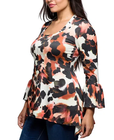 24seven Comfort Apparel Plus Size Scoop Neck Bell Sleeve Tunic Top In Multi