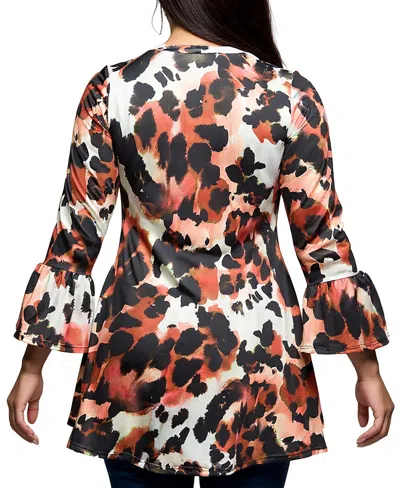 24seven Comfort Apparel Plus Size Scoop Neck Bell Sleeve Tunic Top In Multi