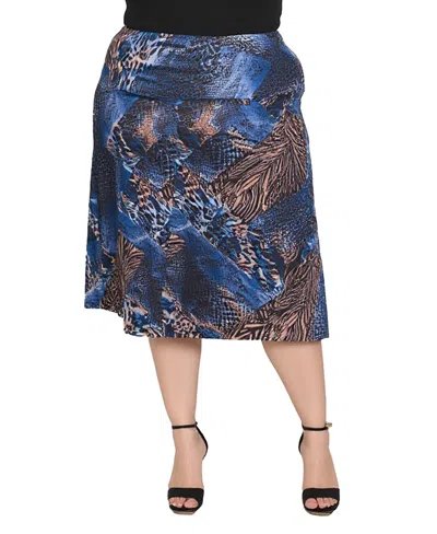 24seven Comfort Apparel Plus Size Blue Animal Print Midi Skirts In Multi