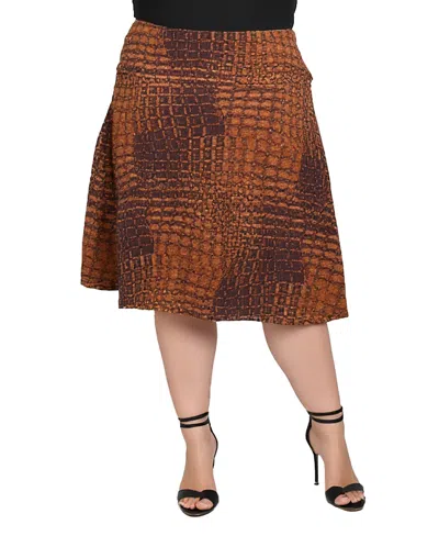 24seven Comfort Apparel Plus Size Brown Geometric Print Midi Skirts In Brown