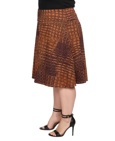24seven Comfort Apparel Plus Size Brown Geometric Print Midi Skirts In Brown