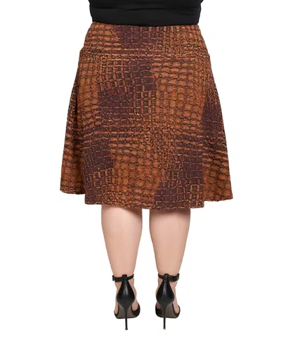 24seven Comfort Apparel Plus Size Brown Geometric Print Midi Skirts In Brown