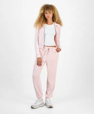 Hippie Rose Juniors' Chenille Zip-up Sweater Hoodie In Pink