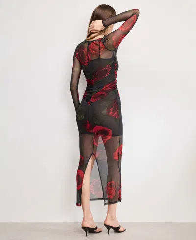 Good American Ruched Long Sleeve Mesh Maxi Dress