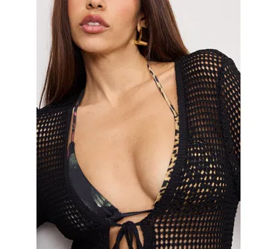 Good American Long Sleeve Open Stitch Cover-up Minidress In Black