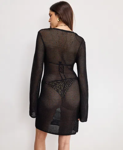 Good American Long Sleeve Open Stitch Cover-up Minidress In Black