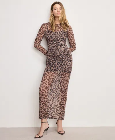 Good American Ruched Long Sleeve Mesh Maxi Dress In Animal Print