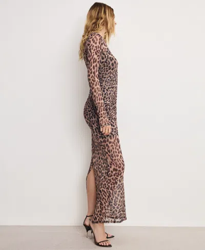 Good American Ruched Long Sleeve Mesh Maxi Dress In Animal Print