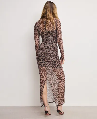 Good American Ruched Long Sleeve Mesh Maxi Dress In Animal Print