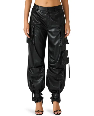 Steve Madden Duo Faux Leather Wide Leg Cargo Pants In Black
