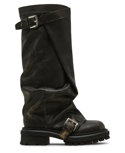 Madden Girl Women's Restore Knee-high Slouchy Lug-sole Wide-calf Moto Boots In Black