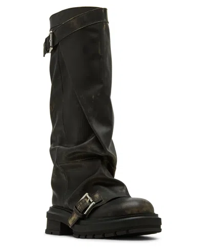 Madden Girl Women's Restore Knee-high Slouchy Lug-sole Wide-calf Moto Boots In Black