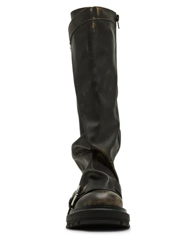 Madden Girl Women's Restore Knee-high Slouchy Lug-sole Wide-calf Moto Boots In Black
