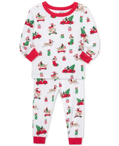 Little Me Baby Puppy-print Holiday Pajama Top & Pants, 2 Piece Set In White