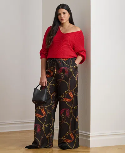 Ralph Lauren Plus Size Belting-print Charmeuse Wide-leg Pant In Red