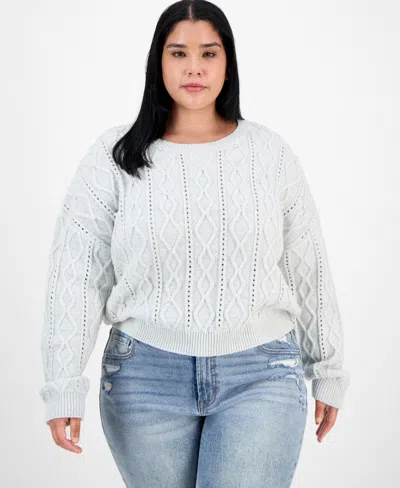Madden Girl Trendy Plus Pearl Cable-knit Scoop-neck Sweater In Gray