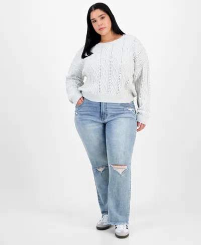 Madden Girl Trendy Plus Pearl Cable-knit Scoop-neck Sweater In Gray