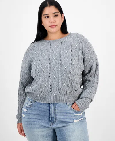 Madden Girl Trendy Plus Pearl Cable-knit Scoop-neck Sweater In Gray