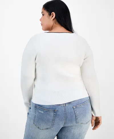 Madden Girl Trendy Plus Bow-front Ribbed Crewneck Sweater In White