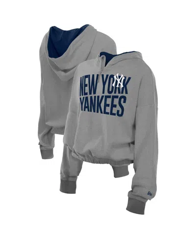 New Era Men's Heather Gray New York Yankees Reversed Out French Terry Quarter-zip Banded Crop Hoodie In Gray