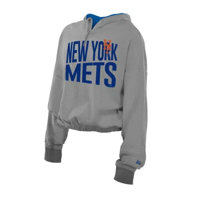 New Era Men's Heather Gray New York Mets Reversed Out French Terry Quarter-zip Banded Crop Hoodie In Gray