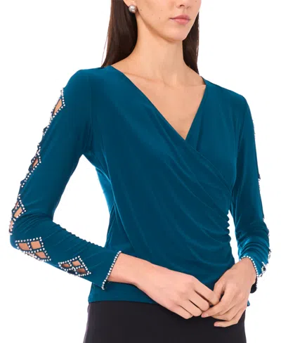 Msk Petite Faraj Long Sleeves Faux Wrap Top In Blue