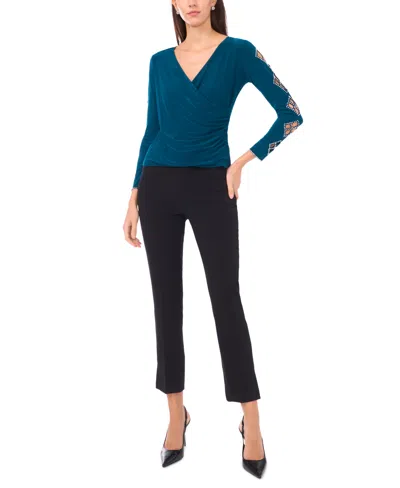 Msk Petite Faraj Long Sleeves Faux Wrap Top In Blue