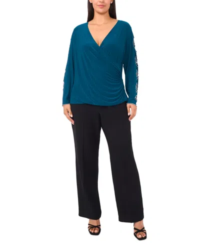 Msk Plus Size Faraj Long Sleeves Faux Wrap Top In Blue