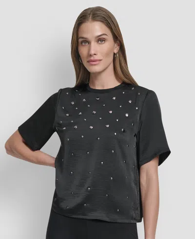 Dkny Women's Studded Boxy Short Sleeve Top In Black