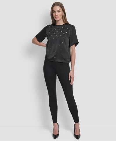 Dkny Women's Studded Boxy Short Sleeve Top In Black
