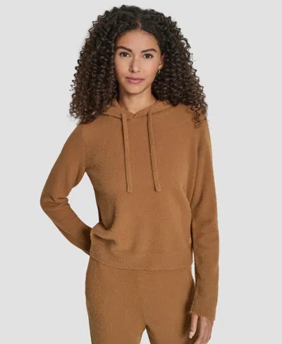 Dkny Feather Yarn Hooded Sweater In Brown
