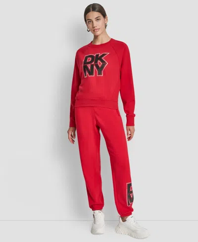 Dkny Women's Mixed Metal Stack Glitter Crewneck Top In Red