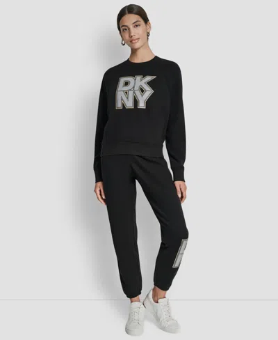 Dkny Women's Mixed Metal Stacked Glitter Logo Jogger In Black
