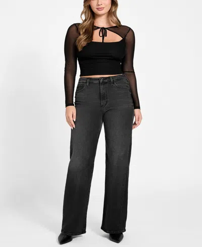 Guess Lauryn Long Sleeve Mesh Crop Top In Black
