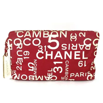 Pre-owned Chanel Red Color White Canvas Clutch Bag Pouch ()