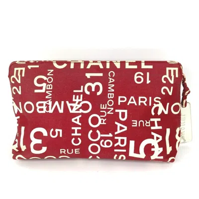 Pre-owned Chanel Red Color White Canvas Clutch Bag Pouch ()